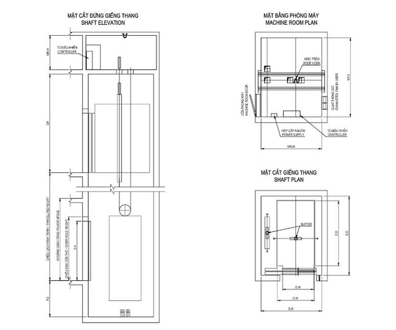 Bản thiết kế thang máy chở hàng không phòng máy