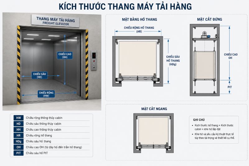 Kích Thước Thang Máy Chở Hàng​ Bao Nhiêu? Bảng Thông Số Chi Tiết